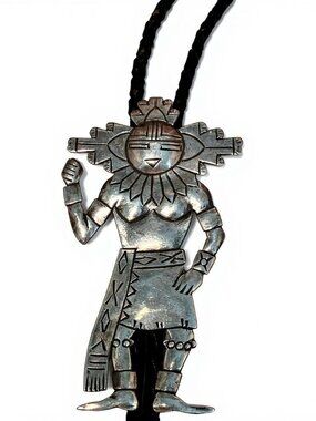Vintage Navajo Native Sterling Silver Dancing Kachina Bolo Tie Signed Artist V